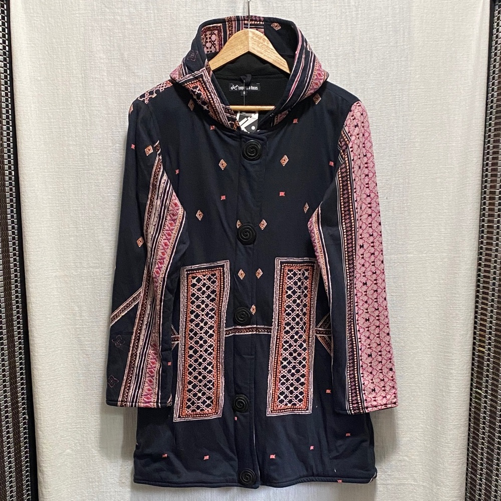 Black and Pink Patterned Hooded Coat